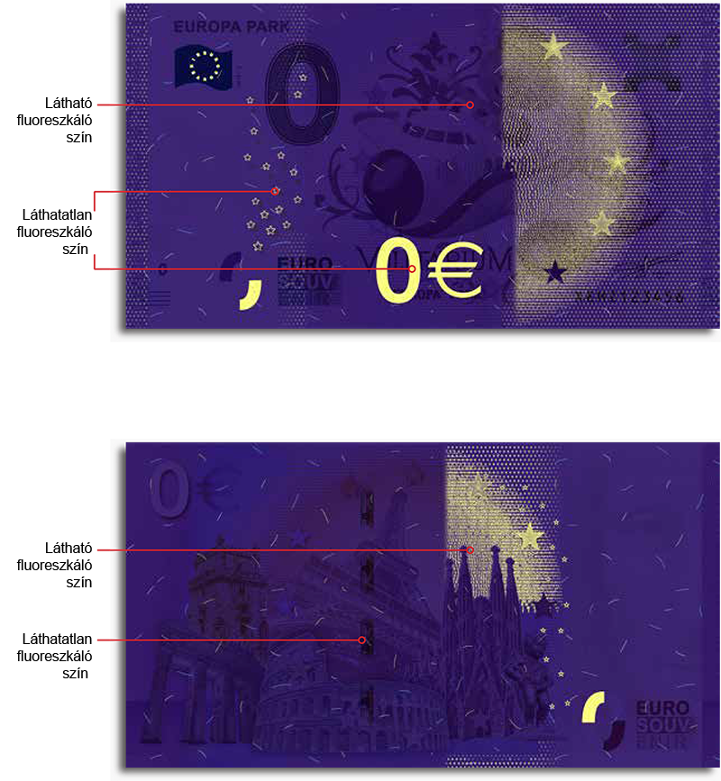 UV szimuláció az első és fordított oldalo eurosouvenir-bankovka-uv